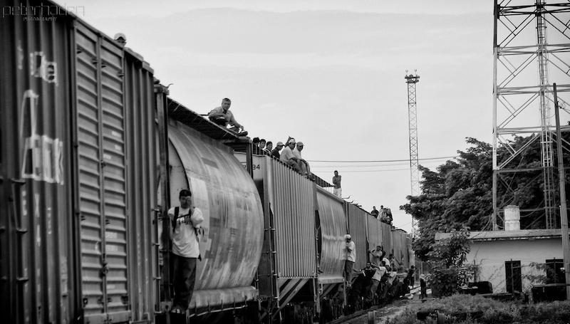 a train rides away with immigrants hanging off the sides.